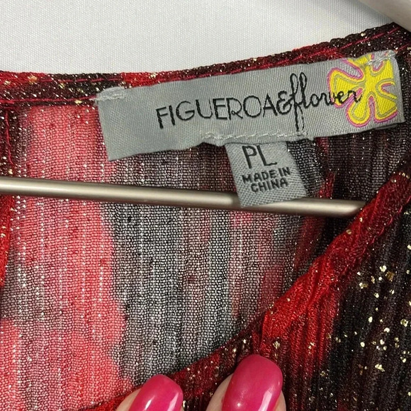 Figueroa & Flower Womens Blouse Red/Black PL Sheer Lined Keyhole Sparkly NWT - Picture 2 of 15